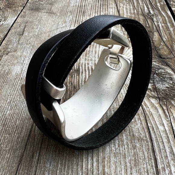 New Leather + Silver Metal Modern Wrap Bracelet Black Satin Distressed Finish - Picture 3 of 10